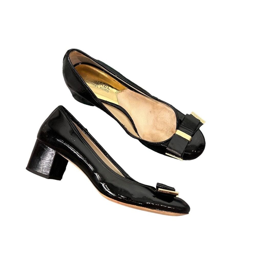 Michael Kors Heels Womens 8.5 Black Patent Leather Keira Mid-heel Bow Pumps Flaw
